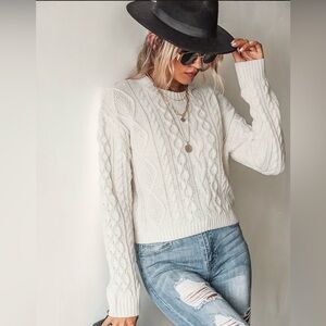Cupshe Sweater Women’s Small Ivory Cable Knit Cozy Crewneck Pullover Winter Top